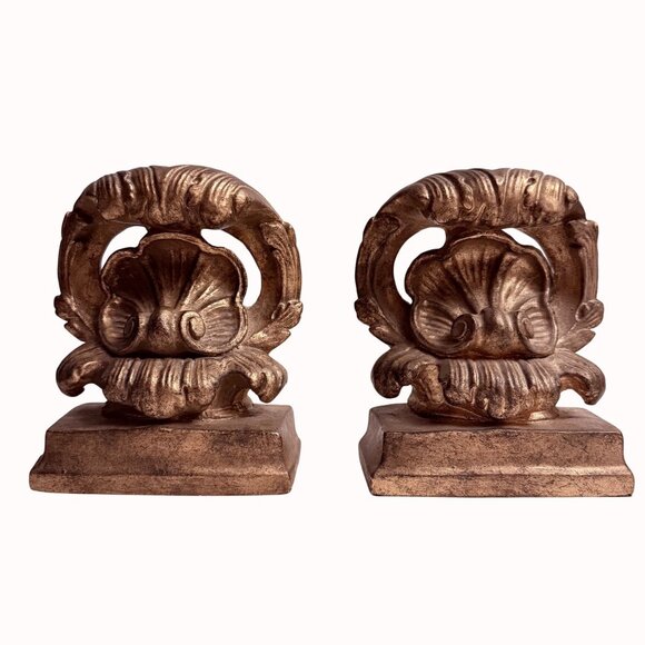 Ornate Gold Toned Bookends Set of 2 Shelf Decor Shell Motif Design VTG Resin - Picture 2 of 13